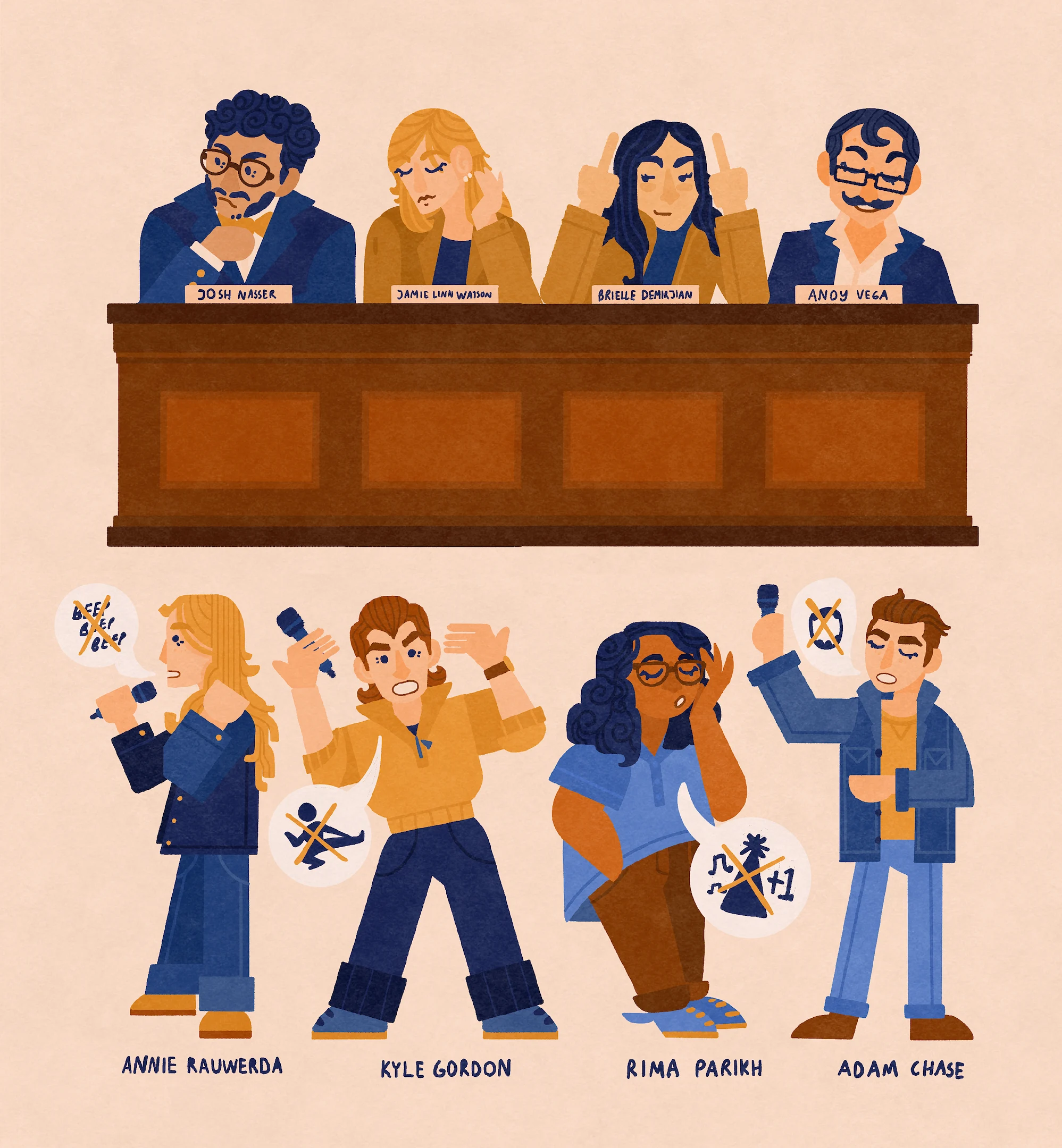 Establishment comedians: Josh Nasser, Jamie Linn Watson, Brielle DeMirjian, Andy Vega. Abolitionist comedians: Annie Rauwerda, Kyle Gordon, Rima Parikh, Adam Chase.