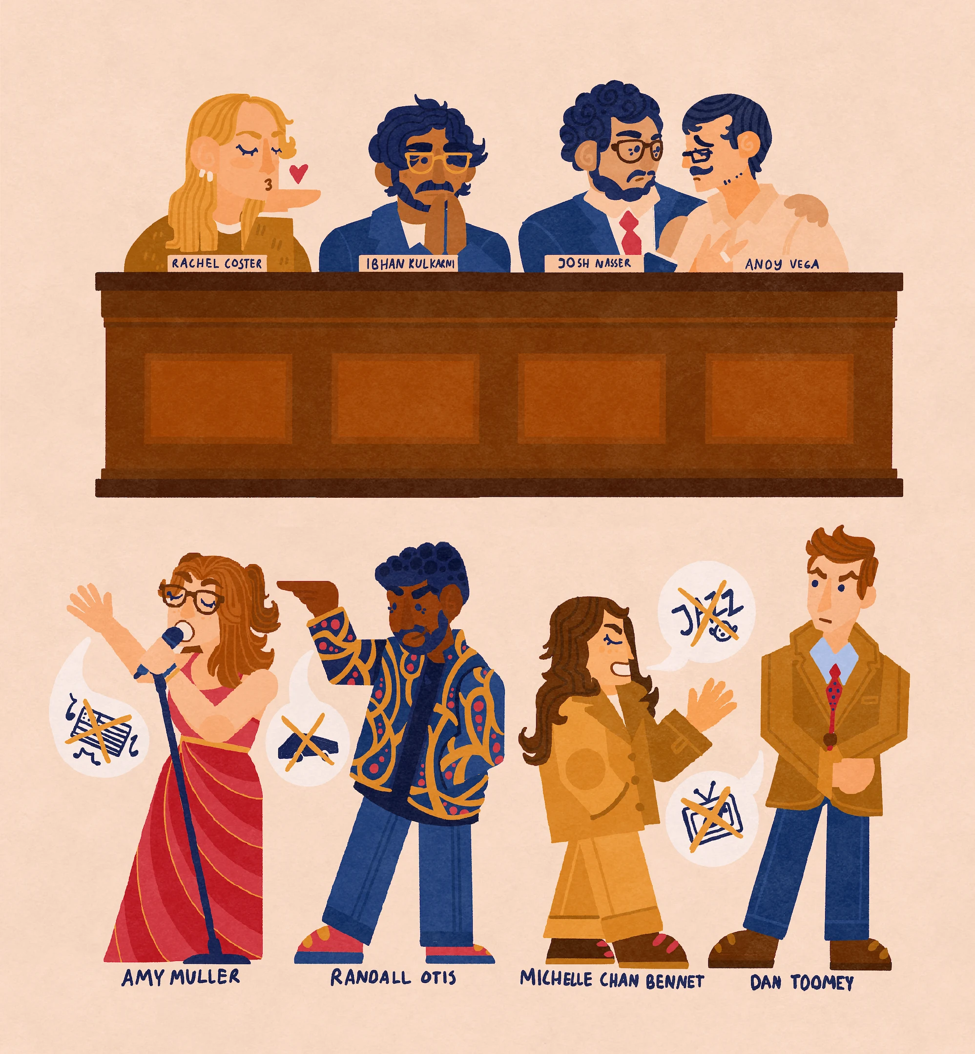 Establishment comedians: Rachel Coster, Ibhan Kulkarni, Josh Nasser, Andy Vega. Abolitionist comedians: Amy Muller, Randall Otis, Michelle Chan Bennet, Dan Toomey.