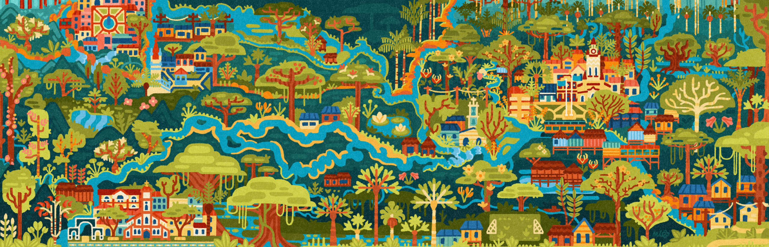 Stylized, geometric landscape illustration of the Amazon River Confluence